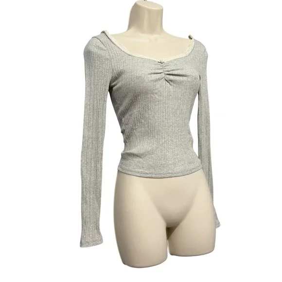 Women Long Sleeve Top Size M Heather Gray Coquette Twee Soft Girl Ruched Rosette - Picture 6 of 14
